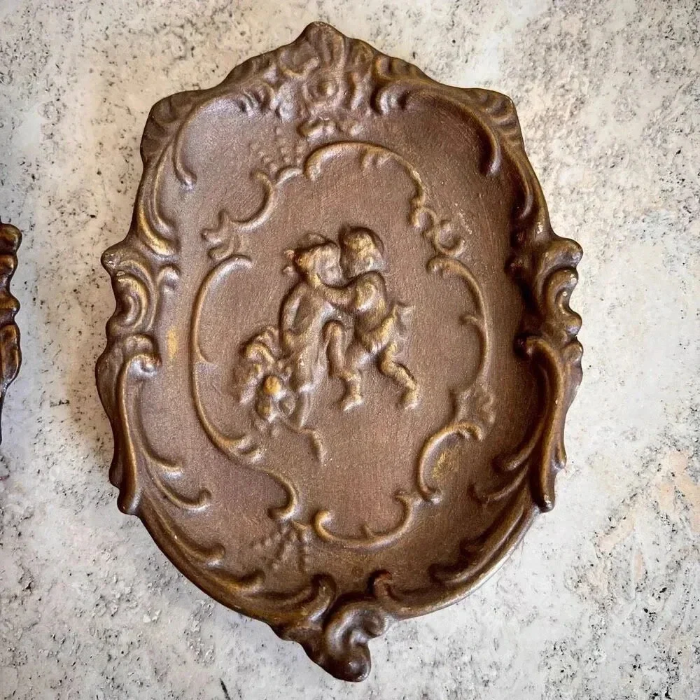 Lot of 2 Vintage 70s Womens Brown Midcentury Ceramic Carved Wall Plaque Decor Sm